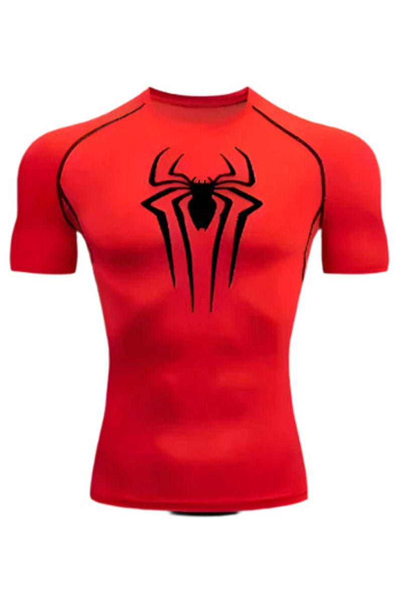 Short sleeve compression shirt featuring the Spider-Man logo, designed for enhanced performance and comfort during workouts.