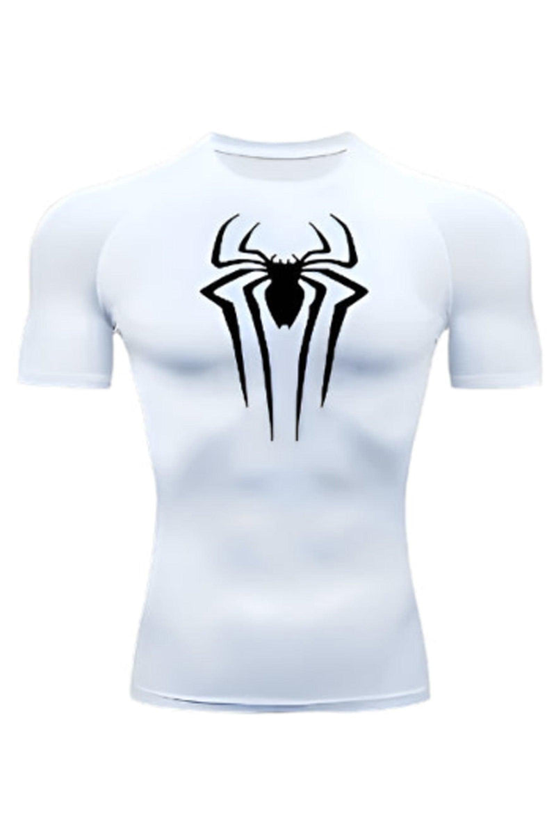 Short sleeve compression shirt featuring the Spider-Man logo, designed for enhanced performance and comfort during workouts.