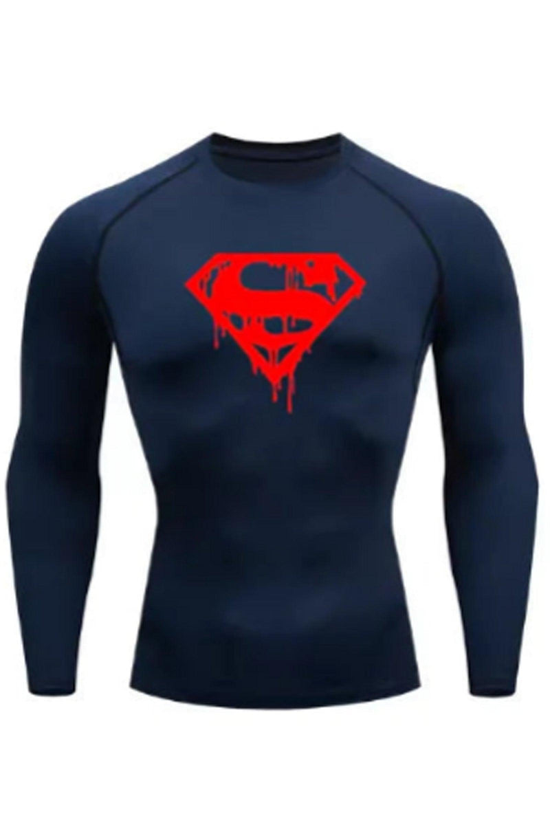 Superman long sleeve compression shirt, designed for maximum performance and comfort during workouts with a bold Superman logo design.