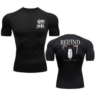 Short sleeve black compression shirt featuring Toji Fushiguro design, crafted for enhanced performance and comfort during workouts.