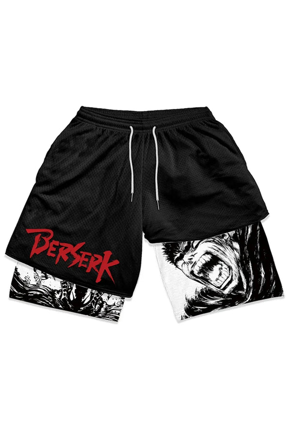 Black and red 'Unleash Berserk' performance shorts, designed for comfort and durability with a sleek, athletic fit for optimal performance.